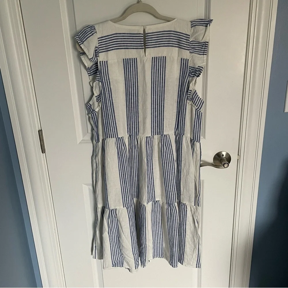New! J Crew Linen-blend striped mini dress  Ivory Brilliant Blue 18988
